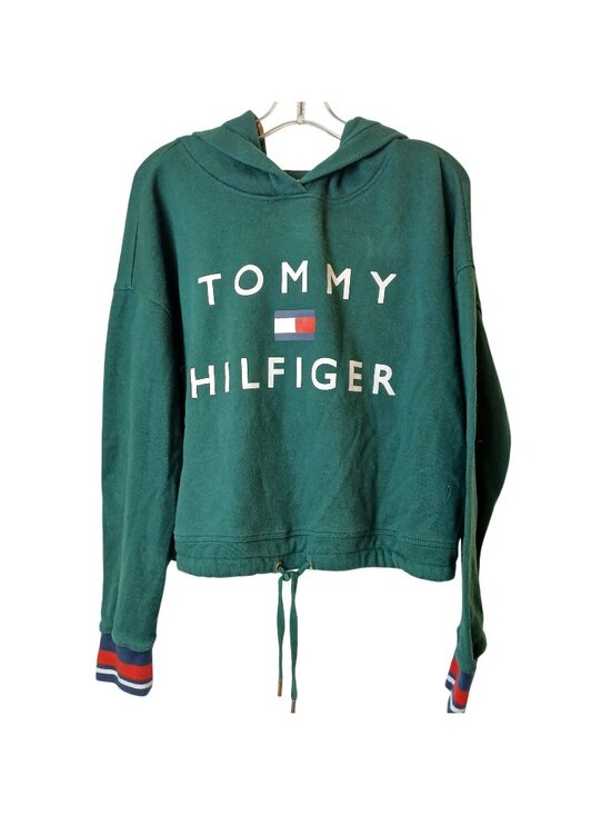 Tommy Hilfiger Tops - Tommy Hilfiger Sport Womens M Green Hoodie Cropped Drawstring Hem Spellout #Z-3